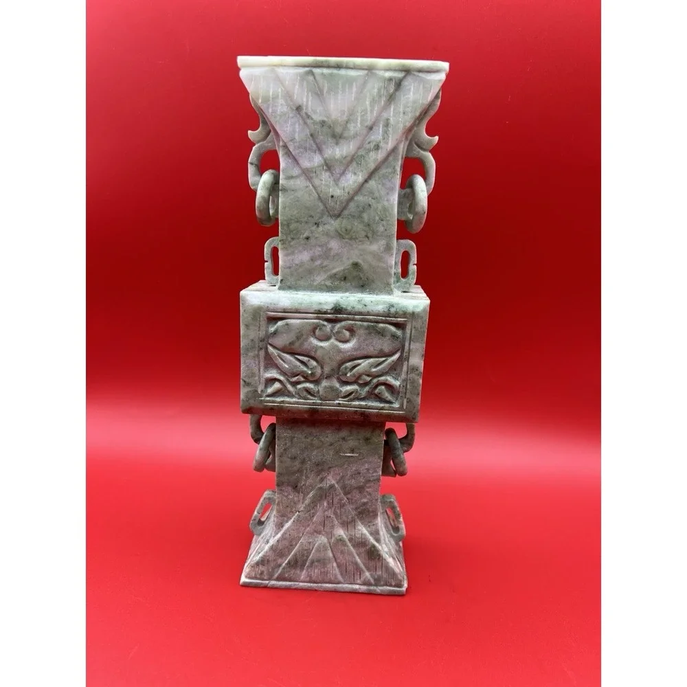 Vintage Pale Green Carved Jadeite Ring Handle Vase 10.25